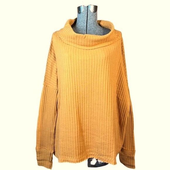 Free People Juicy Long Sleeve Cowl Neck Waffle Knit Split Back Top Mustard Sweat - Picture 2 of 16